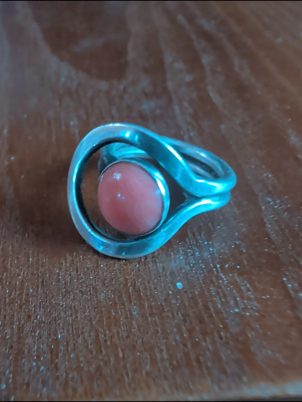 Coral Cabochon Sterling Ring. Semi Adjustable Size 5.75-6.75